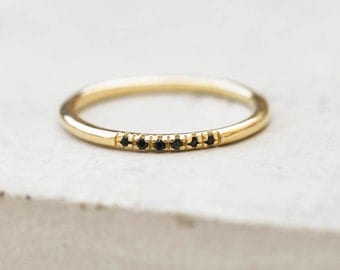 Petite, Dainty Ultra thin Stacking Ring with 6 mini micro pave CZ Black Stones - GOLD - quarter eternity band, stacker ring