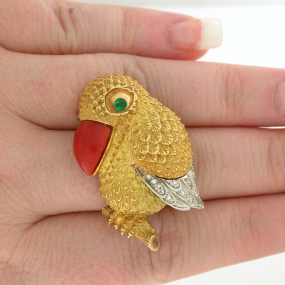Artisanal Heirloom Parrot / Bird with Red Coral Beak and Emerald Eye, 18kt yellow gold - Layaway - See item details for more info