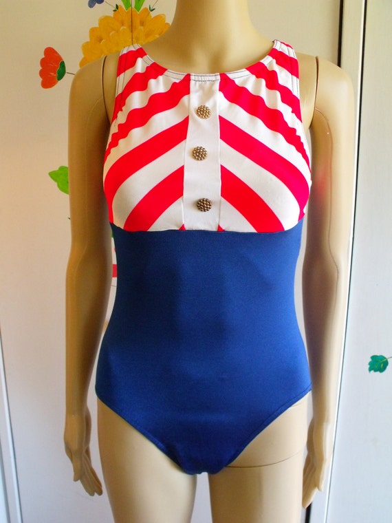 Vintage 1970's Swim Suit Bathing Suit Red White and Blue