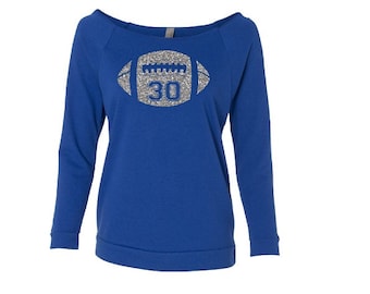 Football Mom Shirt.Glitter Football.Custom Football Shirt Off Shoulder Shirt. Footballmom. Lightweight Wideneck 3/4 Sleeve Shirt