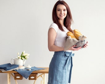 Blue Linen waist APRON - Half Apron - Chef Apron - Dusty blue apron