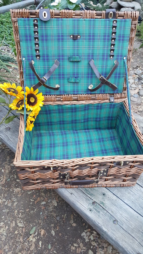 Items similar to Vintage Suitecase Wicker Picnic Basket ...