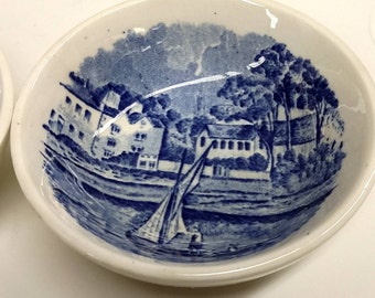 Set of 2 Thames River Scenes by Palissy Pottery, England, Tiny Blue Transferware Tray, Dish, or Plate with Sailboat Scene
