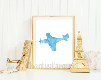 Airplane Vintage Blue Watercolor Wall Art Printable. Printable Airplane Wall Art for Boys Room or Kids Room.