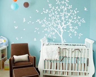 White tree wall decal nursery with birds studio wall decoration dining room wall decals nursery tree hallway wall art sticker tattoo KW031