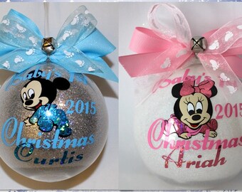 Baby's First Christmas Ornament Baby Mickey Mouse or Minnie Mouse with Name & Year Acrylic or Glass made with Vinyl decals FIRST NAME ONLY