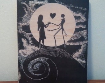 Nightmare Before Christmas - Jack Skellington and Sally - Handmade Wooden Sign