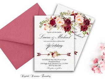 Burgundy Wedding Invitation Printable Boho Suite Romantic Rustic Marsala Floral Burgundy Wedding Invitation Printable Boho Suite Romantic Rustic Marsala Floral
