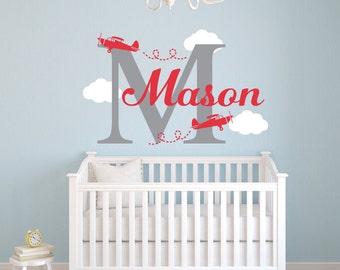 Airplane Name Wall Decal - Nursery Wall Decal - Personalized Name Decal Airplanes - Boy Name Monogram Vinyl Wall Decal