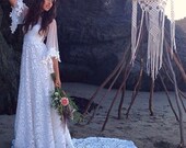 Boho Wedding Dress with Sweetheart Neckline, Dotted Tulle Flared Sleeves, and a Beautiful Lace Train