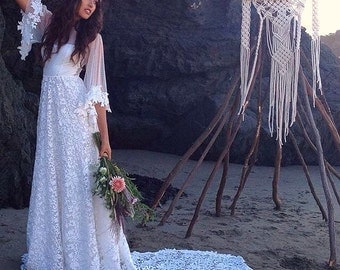 Boho Wedding Dress with Sweetheart Neckline, Dotted Tulle Flared Sleeves, and a Beautiful Lace Train - Rhiannon Dress