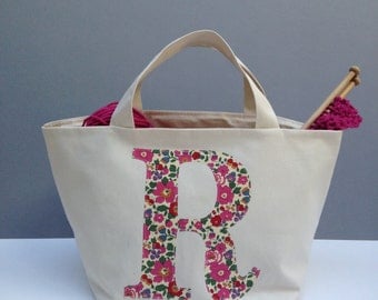 Liberty Initial Knitting Bag/Personalised Knitting Project Bag/Monogrammed Knitting gift/Knitting needle project bag/gift for mum/yarn bag