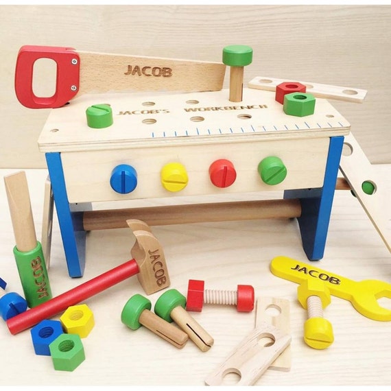 2 in 1 Personalised Tool Box and Workbench wooden Toy gift