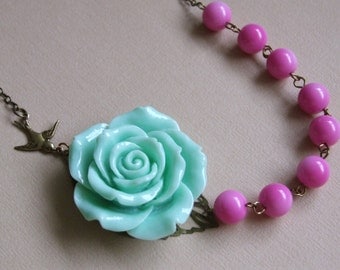 Mint Green Rose Necklace, Statement Necklace, Pink Green Romantic Necklace, Bridesmaid Jewelry