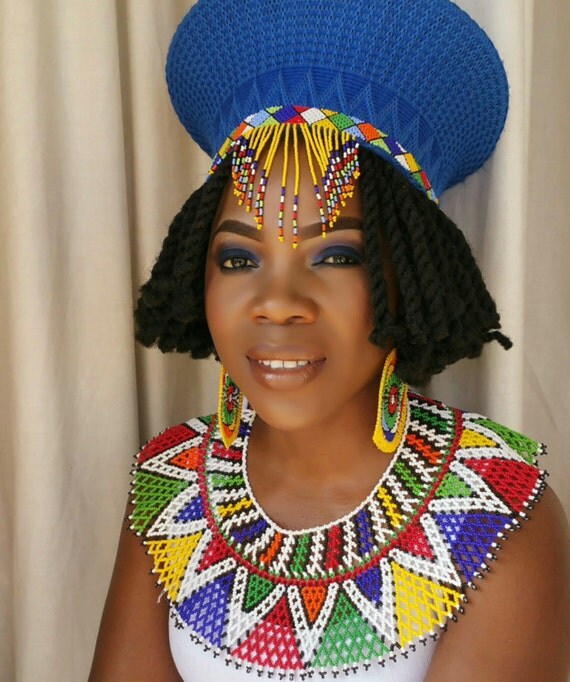 Zulu traditional wedding  attire hat earrings and necklace