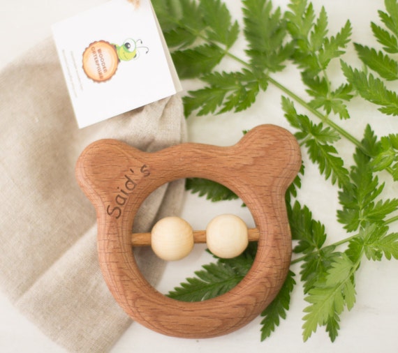 Wood Teether Organic Wooden Rattle Toy Teddy by WoodenCaterpillar