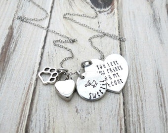 Personalized Pet Memorial Necklace - Cat - Remembrance Necklace - Dog - Urn Necklace - Paw Charm - Left Paw Prints on my Heart - Engrave