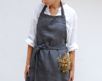 Linen kitchen apron with pockets, full linen apron, linen woman apron, natural linen apron, linen christmas gift