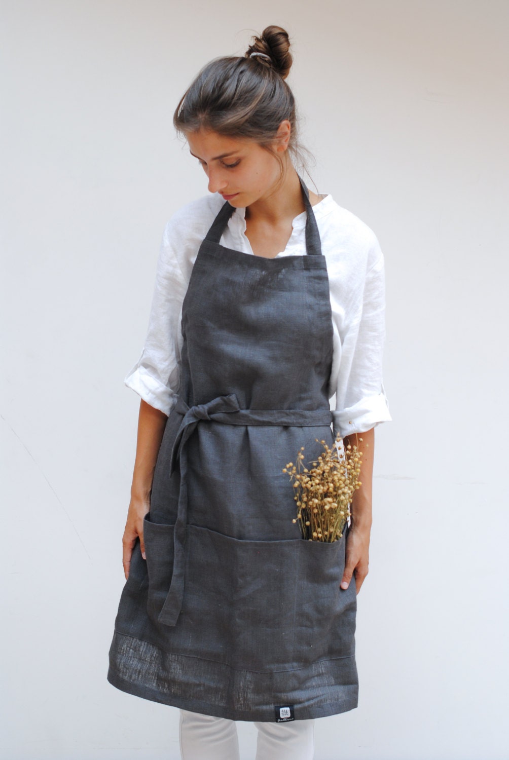 Linen kitchen apron with pockets full linen apron linen