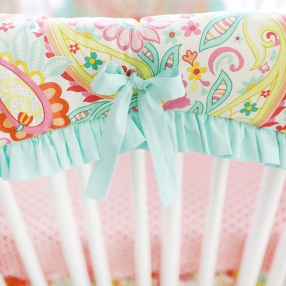 Pink and Aqua Paisley Crib Rail Cover for by ThreeWishesBeddingCo