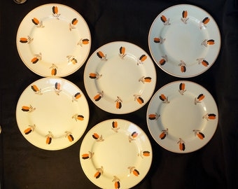 Art deco, six cream coloured Nimy plates, fabrication belge made in Belgium with abstract design in red and black