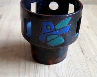 Very decoratie midcentury ceramic bird candle holder, art object, signed HP, abstract blue turquoise bird on brown