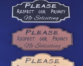 NO SOLICITING Door Sign. Choose from 30 Colors. Laser engraved plastic