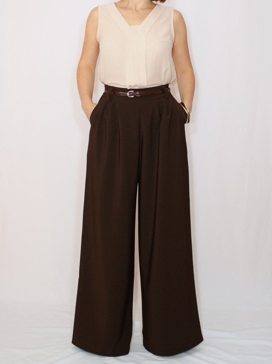 High waist Wide leg pants Chocolate brown pants with pockets