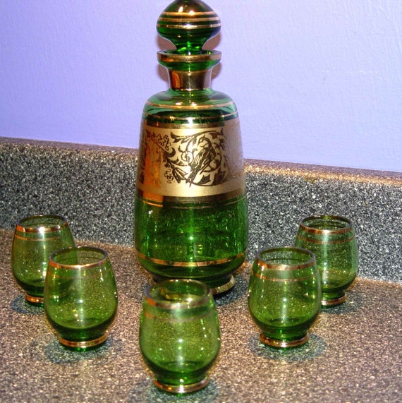 Vintage CORDIAL Set DECANTER GLASS Set Translucent Emerald