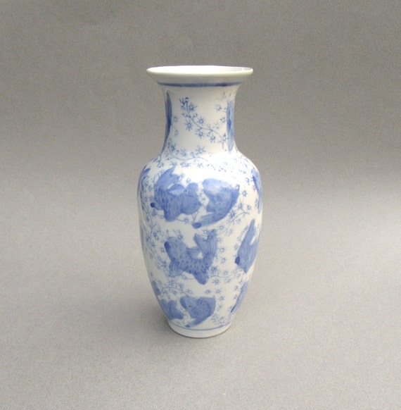 Vintage White and Blue Vase Asian Vase with Koi Fish Blue