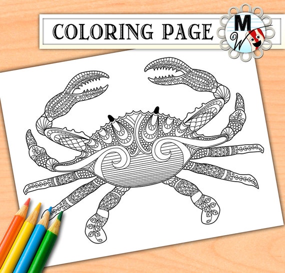 Crab Coloring Page for Adults Nautical Crab by MetWhimDigital