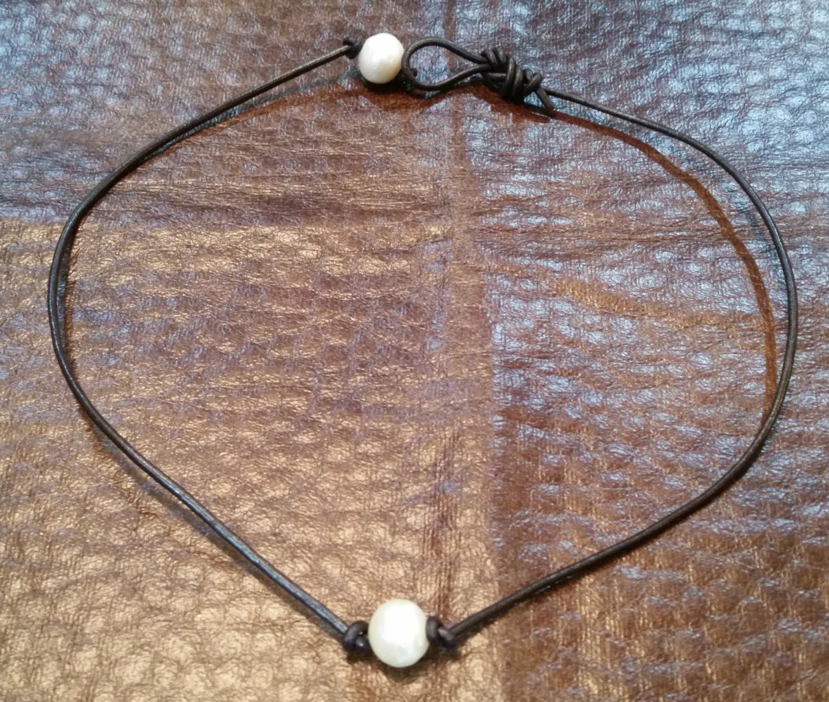 Leather Pearl Necklace Brown Genuine Leather Single Pearl