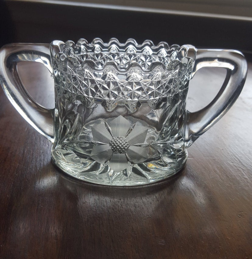 early American pressed glass McKee wheel cut open sugar bowl