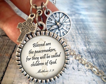 Blessed Are The Peacemakers, Matthew 5:9, Scripture Necklace, Holy Spirit, Finely Detailed Italian Charms, Christian Jewelry, Baptism Gift