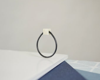 Thin black silver and porcelain ring. White porcelain dice, 925 oxidized black sterling silver. Geometric minimalist ring. Porcelain jewel