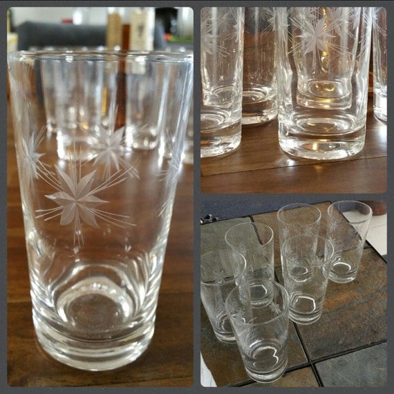 Vintage Atomic 6Point Star Etched Crystal Bar Glasses Clear