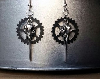 Bird Skull Earrings Steampunk Earrings Gothic Jewelry Goth Earrings Black Earrings