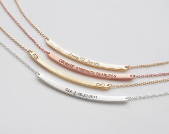 Bar Necklace, Personalized Engraved Name Plate Necklace, Custom Name Bar, Family Name Jewellery - Medium Skinny Curve Bar Necklace #D3.40C