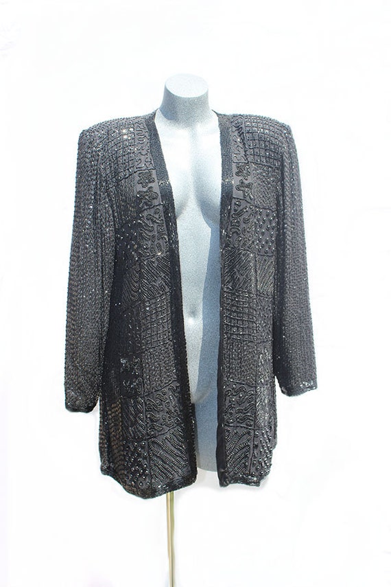 Black Sequin & Beaded Evening Jacket by Tan Chho by MaddiandDrew