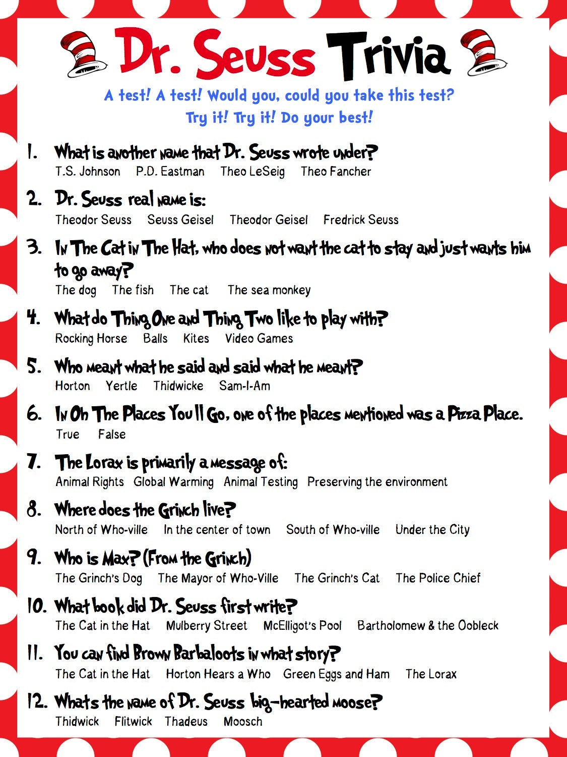 Dr. Seuss Trivia Perfect for Baby Showers Bridal Showers