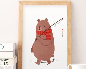 Cute bear illustration, Whimsical animal art, Nursery wall art, Kids room art, Bear art print, Cute wall decor, Animals illustration