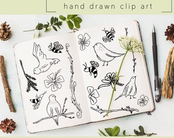 Hand Drawn Clip Art / PNG files / Photoshop brushes / Digital Download / Birds / Bees / Flowers / Nature / Doodle / Branch / Vine / Animal