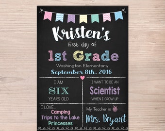 First day of School Sign, First Day of 1st Grade Sign, 2nd 3rd 4th 5th, Girl Chalkboard Poster, 1st Day Back to School, Printable, ANY GRADE