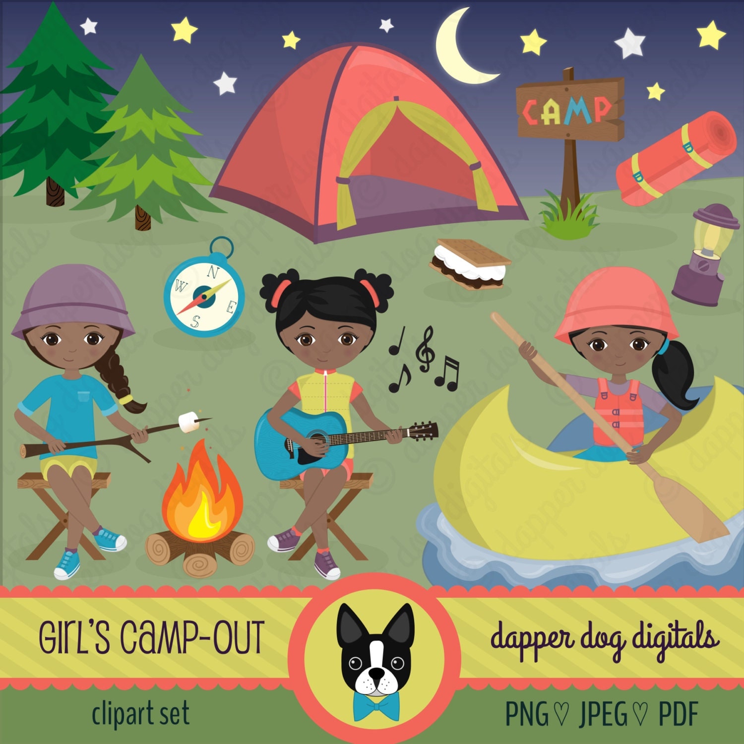 Download Girls Camping Clipart Pack Dark Skintone Commercial Use
