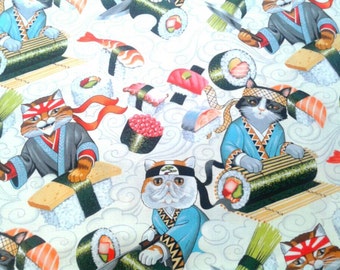 Sushi Cats Fabric, Rockin' Rolls Tea, Sushi Rolls, Cat Fabric, Novelty, Funny, Whimsical, Alexander Henry, by the yard, half yard