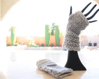 Shimmering White Silver Knitted Fingerless Gloves