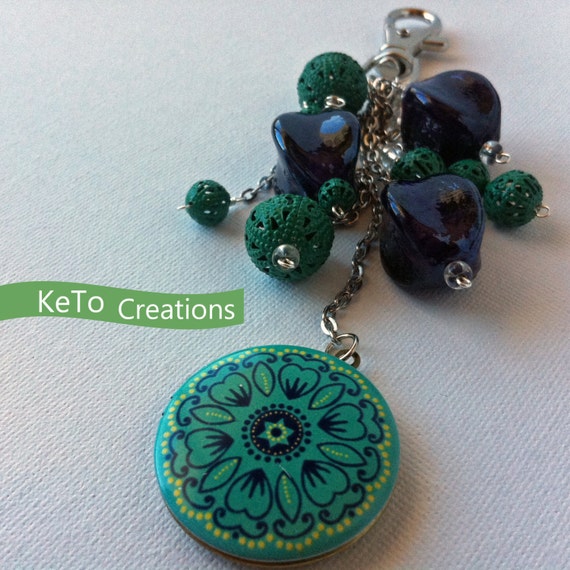 Emerald Green Locket Purse Accessory, Dark Purple And Green Key Fob To Personalize Your Bag