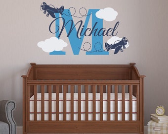 Airplane Name Wall Decal Boy- Personalized Name Decals For Boys- Baby Name Decal- Wall Decal Kids- Wall Decals Nursery Airplane Decor 052