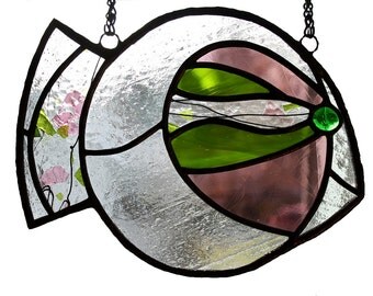 FISH 2 / Pink-Green Fish, Stained glass suncatcher, a unique piece of art