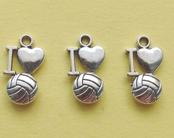 10 I love Volleyball Charms Silver I heart volleyball Charms - CS3092